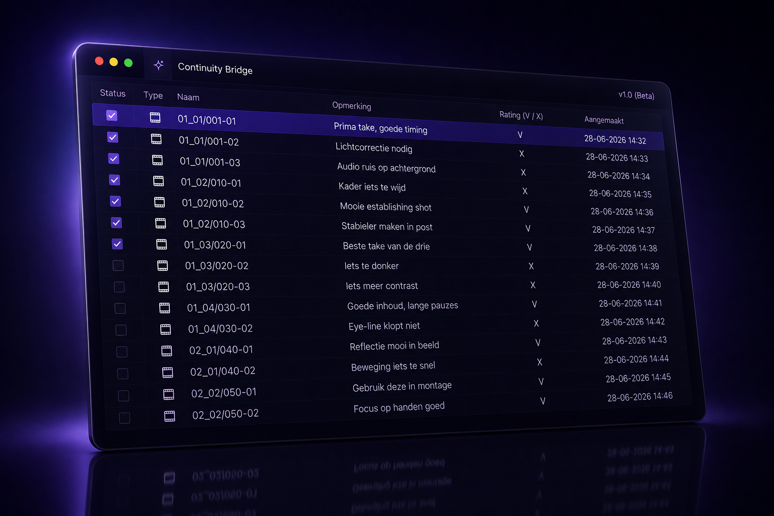 Avid Bin met continuity comments